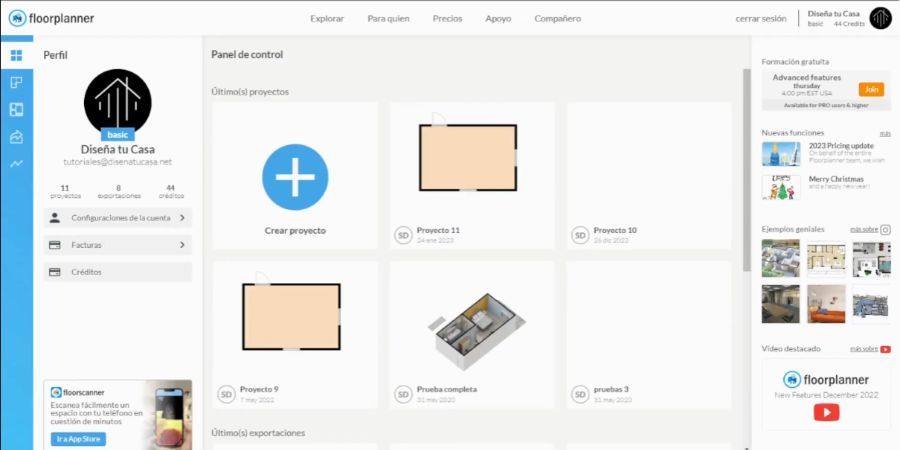 floor planner panel de control nuevo proyecto 2D 3D online diseño plano casas